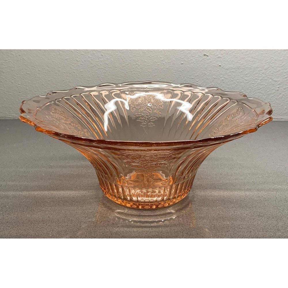 Vintage 1930s Anchor Hocking Mayfair Open Rose Pink Depression Glass Bowl